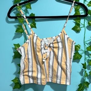 White & yellow cropped tank top w/ knot in front